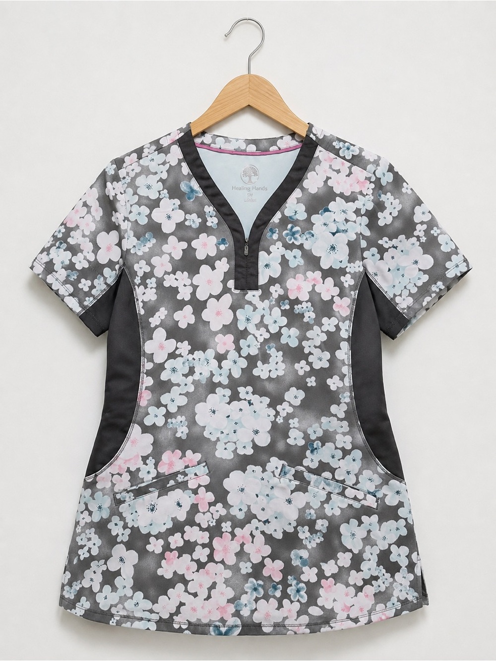 Healing Hands - Floral V-Neck Scrub Top in Pastel Pink & Blue and Gray - Medium